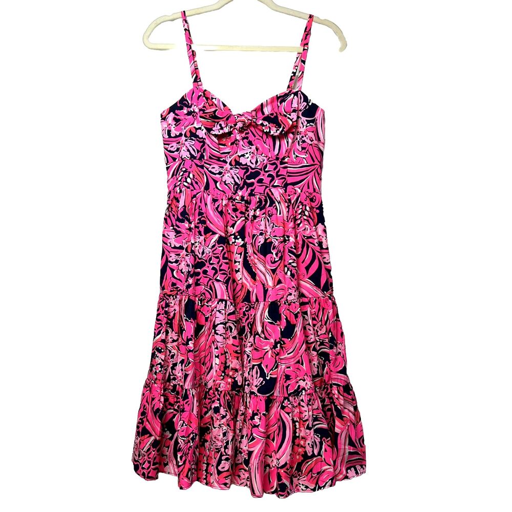 Lilly Pulitzer Adalia Dress Flirty Fins & Feathers Pink Navy Fit Flare Size 4